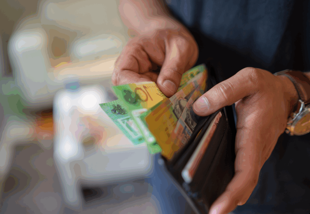 man taking out australian dollars frm his purse to see whether his money can surplus the income cap for home guarantee scheme
